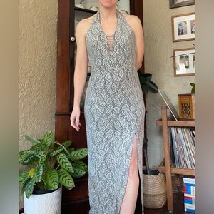 Vintage 90s Dave & Johnny Lace overlay bodycon formal halter dress  high slit